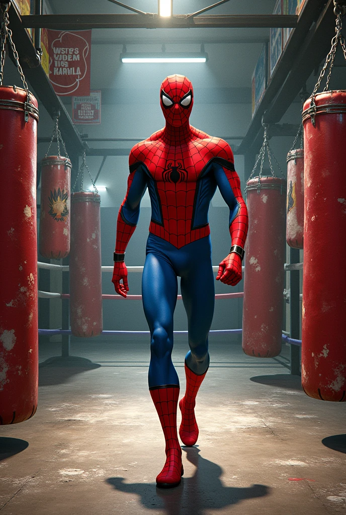 Spiderman fall at boxing land with blood