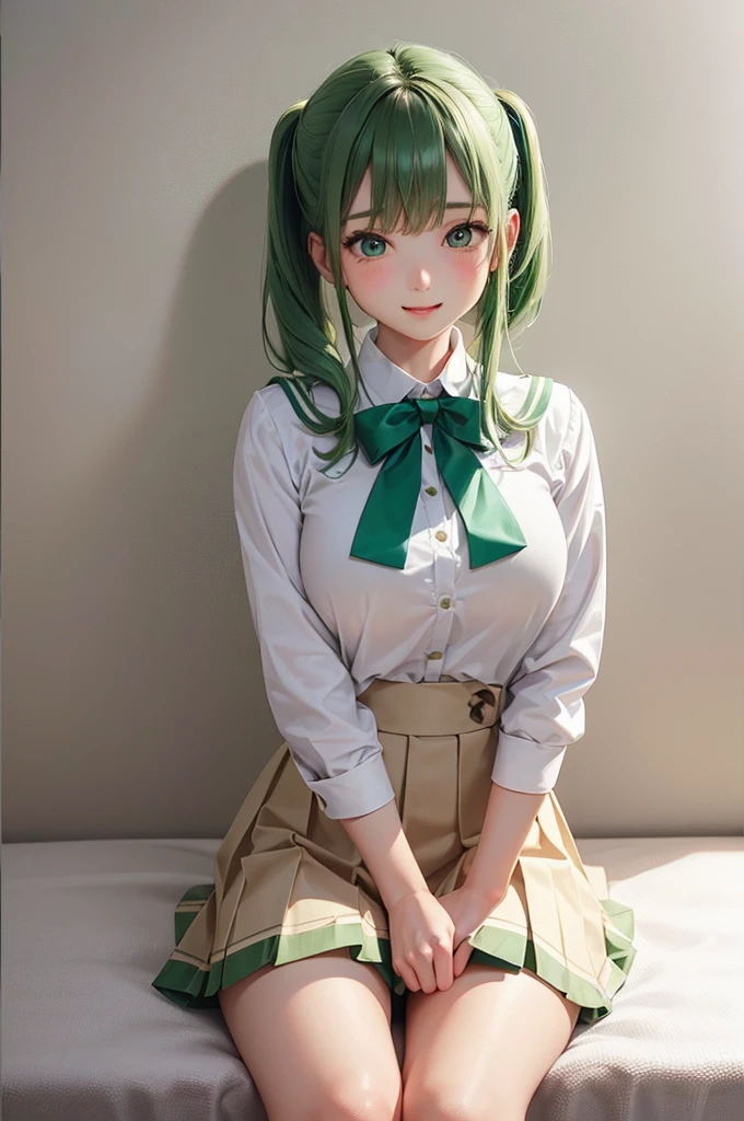 (masterpiece, best quality:1.2), cowboy shot, solo, 1girl, kochiya sanae, smile, looking at viewer, arm up, hair tubes, frog hair ornament, snake hair ornament, shirt, long sleeves, wide sleeves, blue skirt