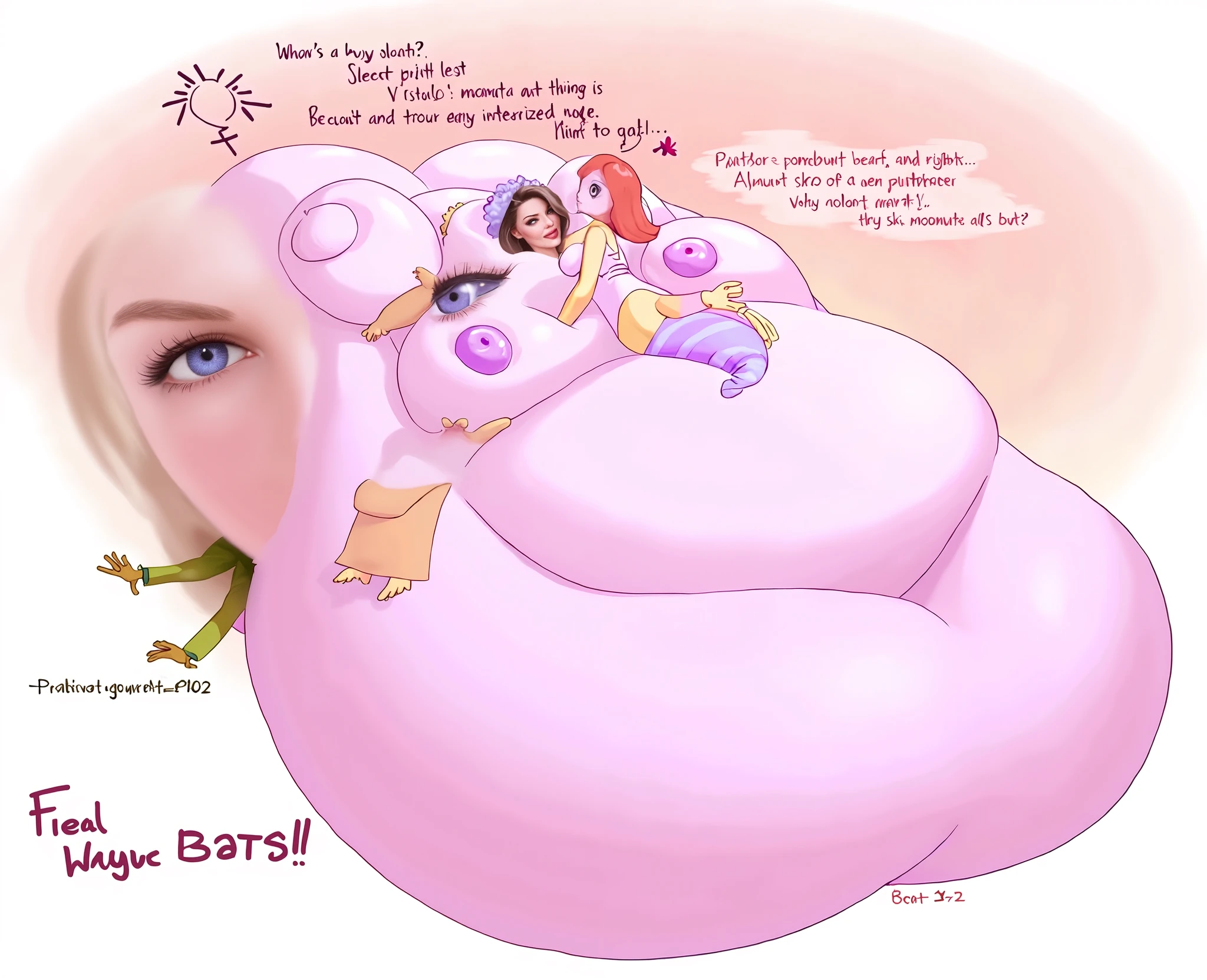 1 girl, hyper curvy pixie fairy getting fuckded by a hyper cock, hyper breasts and ass, powerful thicc thighs,  ((she is fucking a hyper giant cock)), eyes closed, cum inflation, 1 giant man, head out of frame, hyper balls,  size difference, dynamic scene,