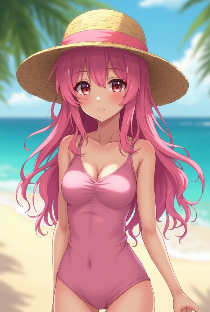 A cute girl，Pink Hair，Wearing a polka dot swimsuit，Large Breasts，at the seaside，Next to it is the Summer Ice Drink Shop，Several coconut trees and beach chairs on the beach，Blue sky and white clouds，cold drink，Colorful style