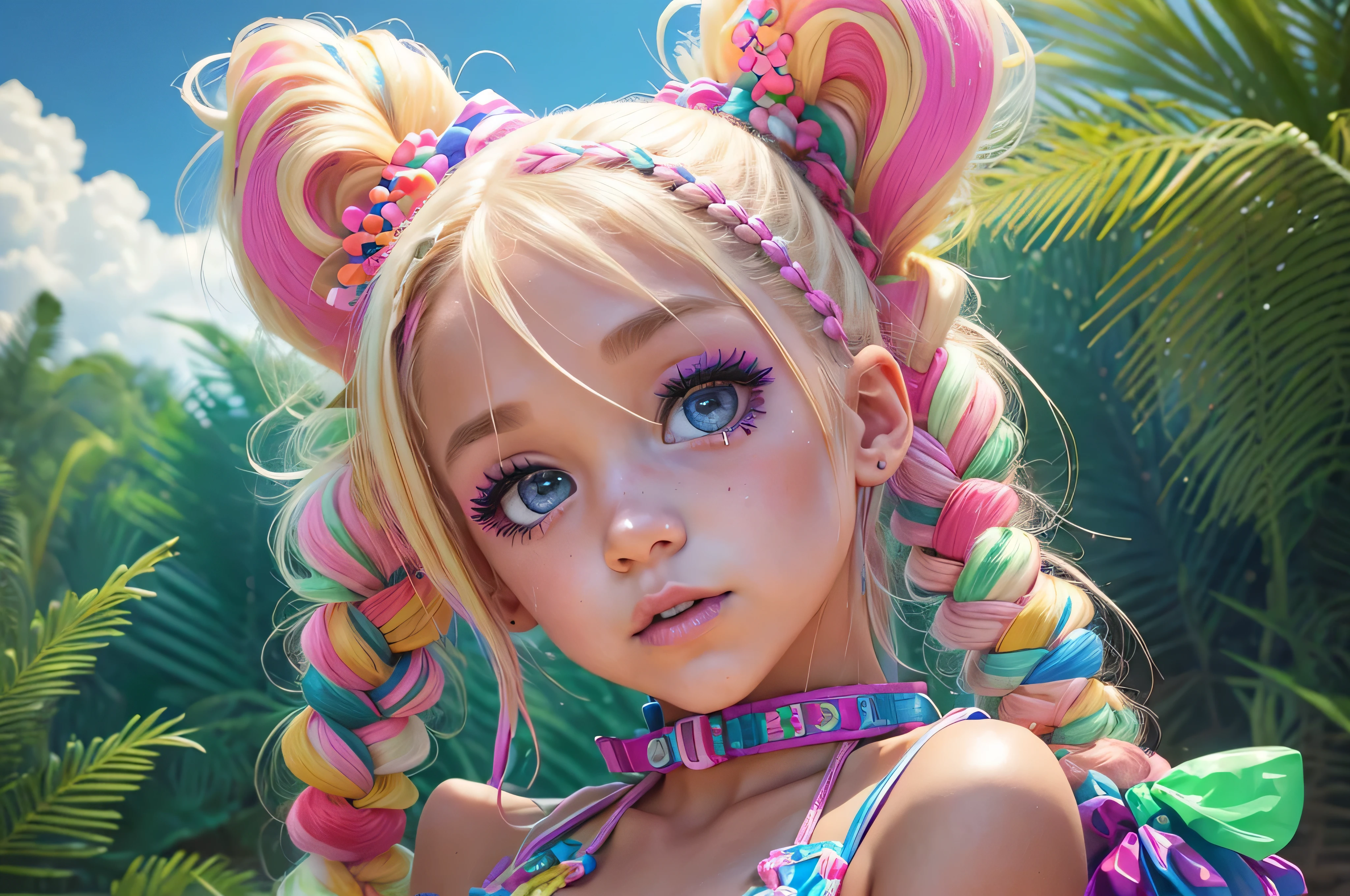 (cowboy shot), blond woman in a bikini with braids and a choke, wearing pearl neon bikini, colorful pigtail, blond hair with pigtails, y 2 k cutecore clowncore, blonde goddess, electronic bikini, rave inspired, bold rave outfit, decora inspired, cute rave outfit, divine ray over her head, rave outfit, cute bikini, lone ite female goddess