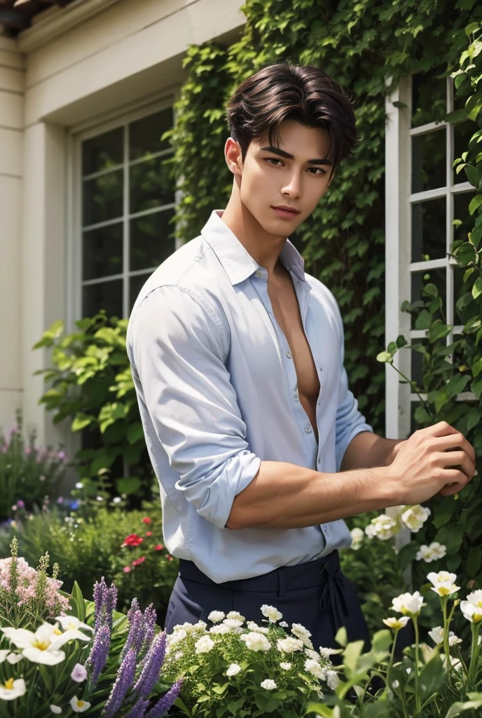 UHD, A tall, lean man with well-defined muscles sits in a small herb garden, his hands gently brushing over fresh rosemary and thyme. His olive-toned skin glistens in the afternoon sun as he leans forward, the outline of his toned chest and abs are visible through a open white shirt. His short, dark hair frames a face with strong, masculine features and warm brown eyes that are soft with concentration locked on the viewers. The garden around him is filled with fragrant plants—mint, basil, and lavender grow in neat rows, filling the air with their rich, earthy scent. Bees hover lazily over the flowers, and a light breeze rustles the leaves as he enjoys the quiet beauty of the garden.