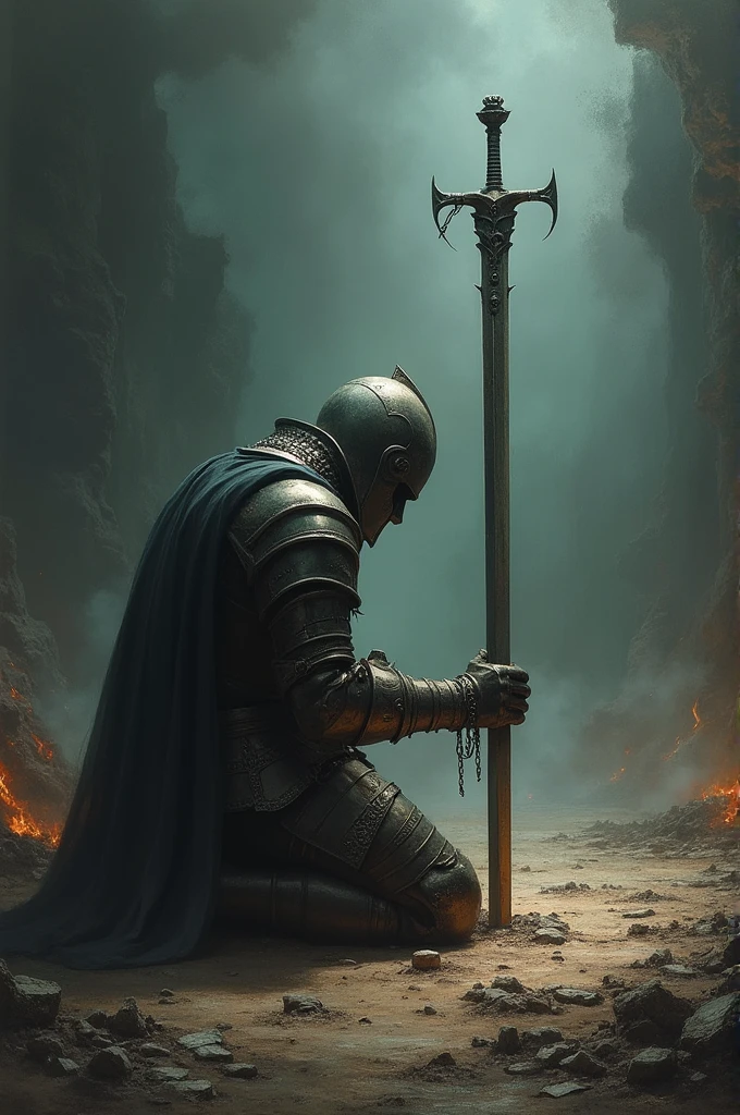 Knight kneeling the in rain with his sword in the ground
