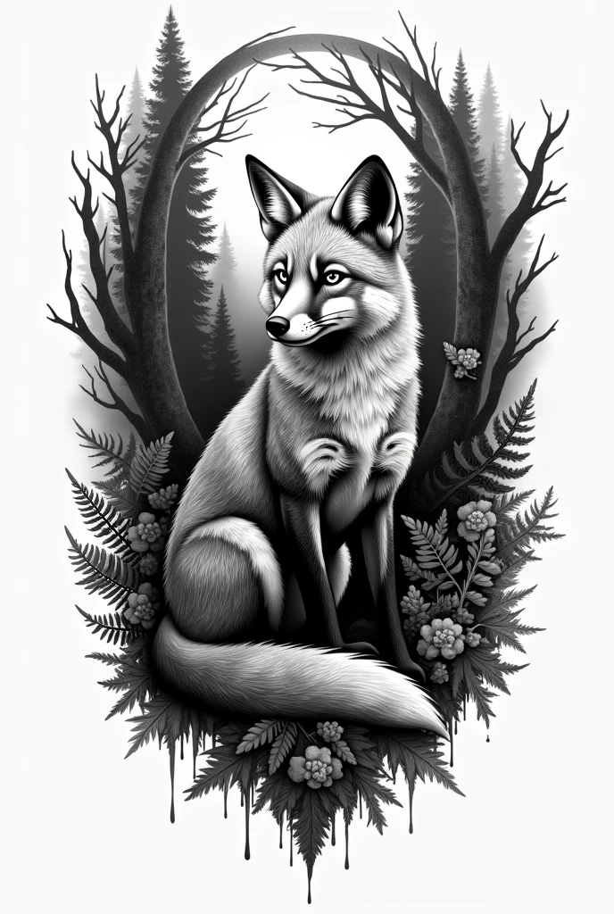 Black and white fox and forest tattoo