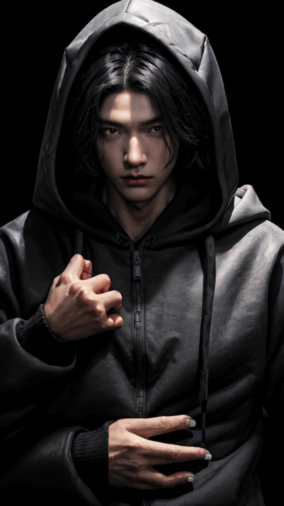 1 Super handsome Japan man,((Surreal details)), Men in black coats with hoods,Bunching up black hair,portlate, globalillumination, Shadow, octan render, 8K, ultrasharp,metal,convolution
