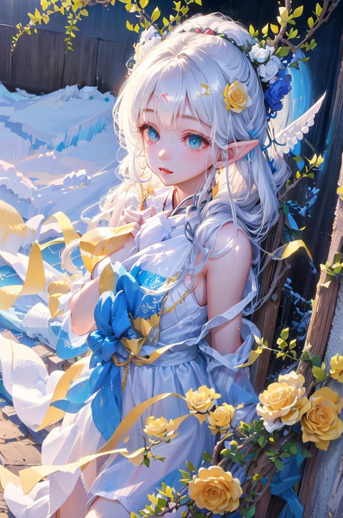 White long hair anime girl wearing white shirt and flower crown, Snow scene，a beautiful anime portrait,tmasterpiece， high high quality， cinematic Film still from， one-girl， Cloud Girl， Clouds， （closeup cleavage： 1.1）， brightly， Colorful， Transparent body，Sparkling，full bodyesbian，long  skirt，green long skirt，Transparent clothes，Elf wings