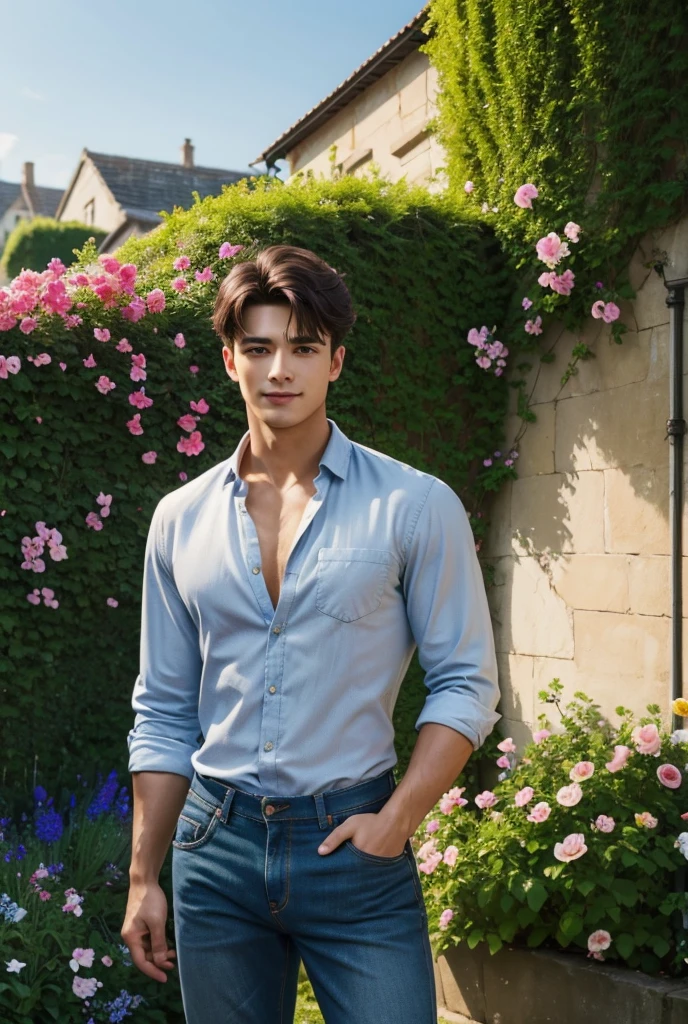 UHD, A handsome man with a broad chest and chiseled jaw stands near a quaint stone cottage, surrounded by a lush, overflowing English garden. His open linen shirt reveals his sculpted chest and defined abs, while his rolled-up jeans give him a casual, effortless charm. His easy smile and sparkling eyes give him an air of both rugged charm and down-to-earth sensuality. The garden is filled with a riot of colors—roses in full bloom, foxgloves towering above, and bright blue delphiniums lining the winding cobblestone path. His short, slightly wavy hair is tousled from the breeze, and his deep green eyes sparkle as he gazes out at the viewers, hands resting casually in his pockets. The scent of honeysuckle and lavender fills the air as the late afternoon sun casts a warm glow over the idyllic scene