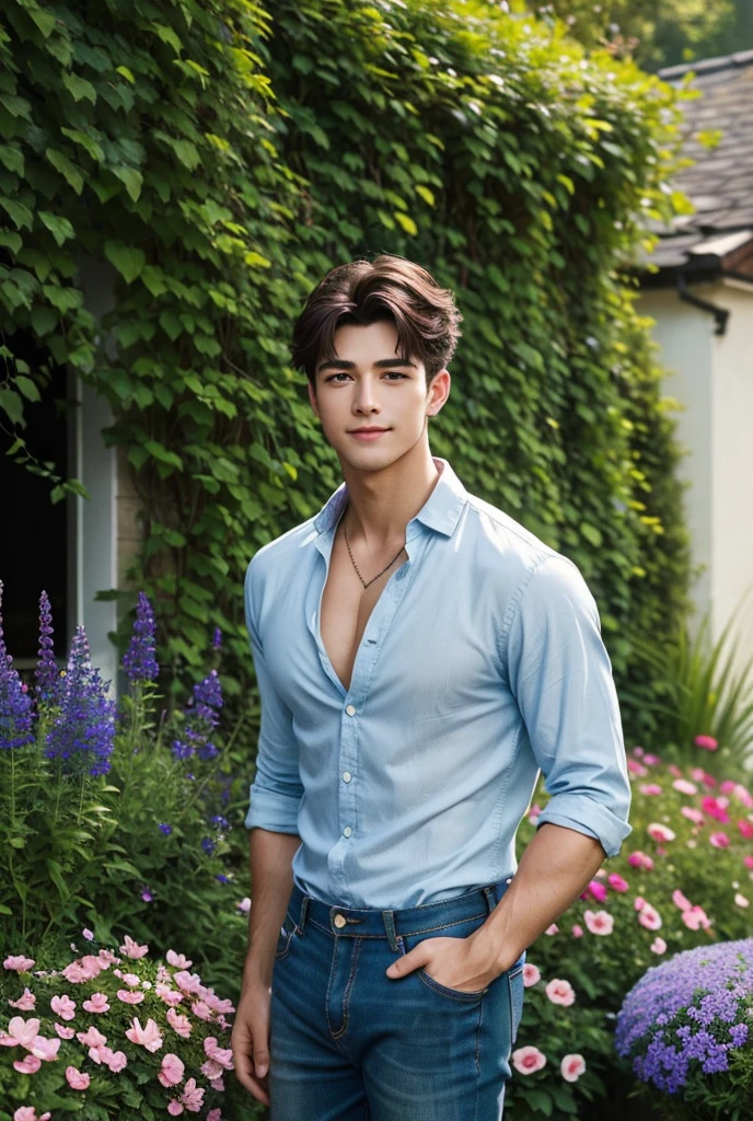 UHD, A handsome man with a broad chest and chiseled jaw stands near a quaint stone cottage, surrounded by a lush, overflowing English garden. His open linen shirt reveals his sculpted chest and defined abs, while his rolled-up jeans give him a casual, effortless charm. His easy smile and sparkling eyes give him an air of both rugged charm and down-to-earth sensuality. The garden is filled with a riot of colors—roses in full bloom, foxgloves towering above, and bright blue delphiniums lining the winding cobblestone path. His short, slightly wavy hair is tousled from the breeze, and his deep green eyes sparkle as he gazes out at the viewers, hands resting casually in his pockets. The scent of honeysuckle and lavender fills the air as the late afternoon sun casts a warm glow over the idyllic scene