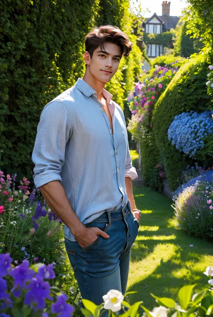 UHD, A handsome man with a broad chest and chiseled jaw stands near a quaint stone cottage, surrounded by a lush, overflowing English garden. His open linen shirt reveals his sculpted chest and defined abs, while his rolled-up jeans give him a casual, effortless charm. His easy smile and sparkling eyes give him an air of both rugged charm and down-to-earth sensuality. The garden is filled with a riot of colors—roses in full bloom, foxgloves towering above, and bright blue delphiniums lining the winding cobblestone path. His short, slightly wavy hair is tousled from the breeze, and his deep green eyes sparkle as he gazes out at the viewers, hands resting casually in his pockets. The scent of honeysuckle and lavender fills the air as the late afternoon sun casts a warm glow over the idyllic scene