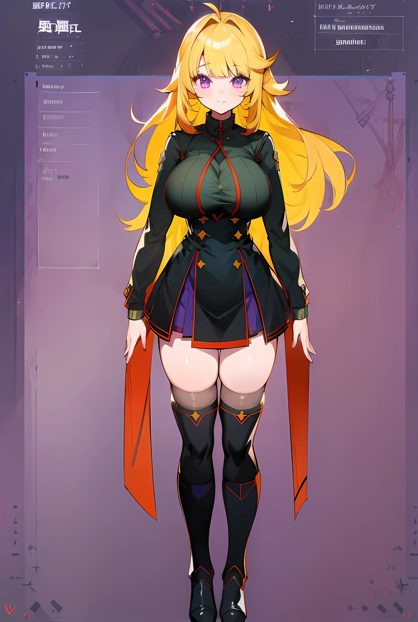 1girl, Solo, High Resolution, vtuber model, full body, Long Hair, Bangs, Large breasts, Blonde Hair, Purple Eyes, Simple background, Character Sheet Full-Length, red skirt, black_thighhighs, green shirt, black boots