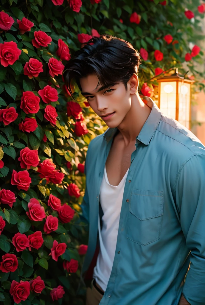 UHD, A tall, lean, handsome man with muscular build stands in a blooming rose garden at dusk, the soft glow of lanterns illuminating his sharp features. his shirt casually unbuttoned, revealing a strong chest beneath. His easy smile and sparkling eyes give him an air of both rugged charm and down-to-earth sensuality. His dark short hair is neatly combed, but a few strands fall loosely onto his forehead, giving him a relaxed yet sophisticated look. The scent of fresh roses lingers in the air as he admire the deep red petals of a nearby bush, his strong hands gently brushing against the flowers as his gaze is locked on the viewers. Behind him, the cobblestone path winds through rows of vibrant roses in shades of pink, white, and red, and the soft hum of crickets fills the warm evening air.