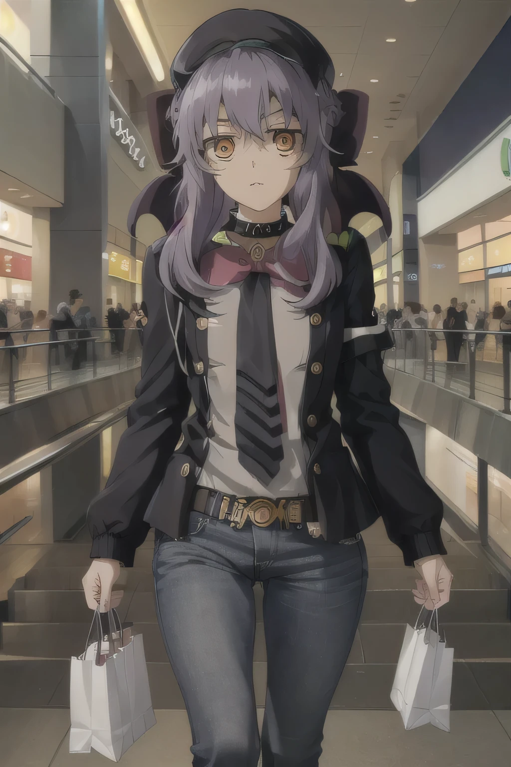 masterpiece, best quality, highres, aashinoa, hair bow, black ribbon, black choker, black headwear, denim, black jacket, white shirt, jeans, long sleeves, shopping mall