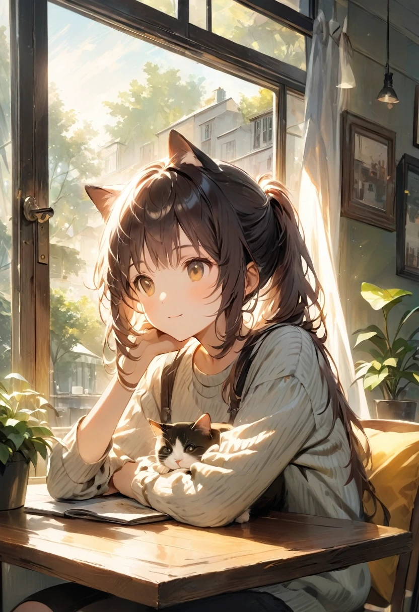 ((Best Quality))、((masterpiece))、(detailed)、8k、A cafe with cats
「A pleasant morning at a local coffee shop。It depicts a woman sitting by a window enjoying a cup of coffee。She is dressed casually and stylishly.、A little cat is sitting on a table and looking out the window with curiosity。The sunlight filtering in is reflected gently on the glass.。The interior of the cafe is decorated with wooden furniture、Soft cushion、Green potted plants add a warm feeling。The scene is peaceful、Soft morning light enhances the relaxing and comfortable atmosphere。」、Conceptual Art、jpeg artifacts、First Person View、Close-up Cat、Ultra-high resolution、Anatomically correct、Attention to detail、超detailed