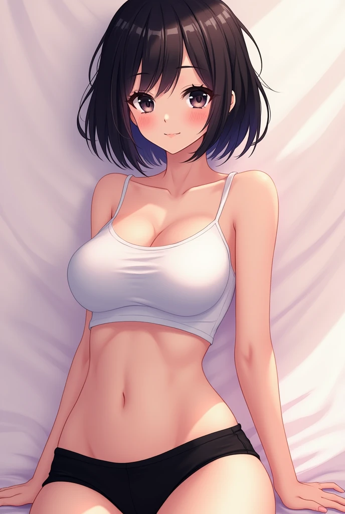 Short black hair，maidennurse，animemanga girl，Delicate facial features，On the bed in the room，Cat ears，wearing white pajamas，Bare shoulders