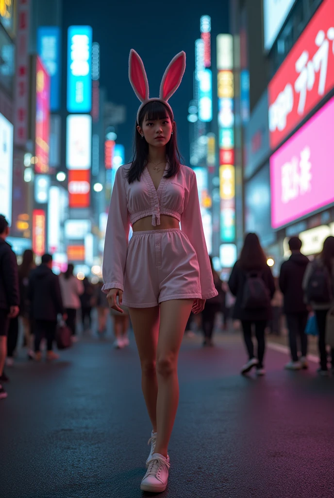 Naked Japan Girls, a bow tie, bunny ear, Standing, Street, Smile, Night