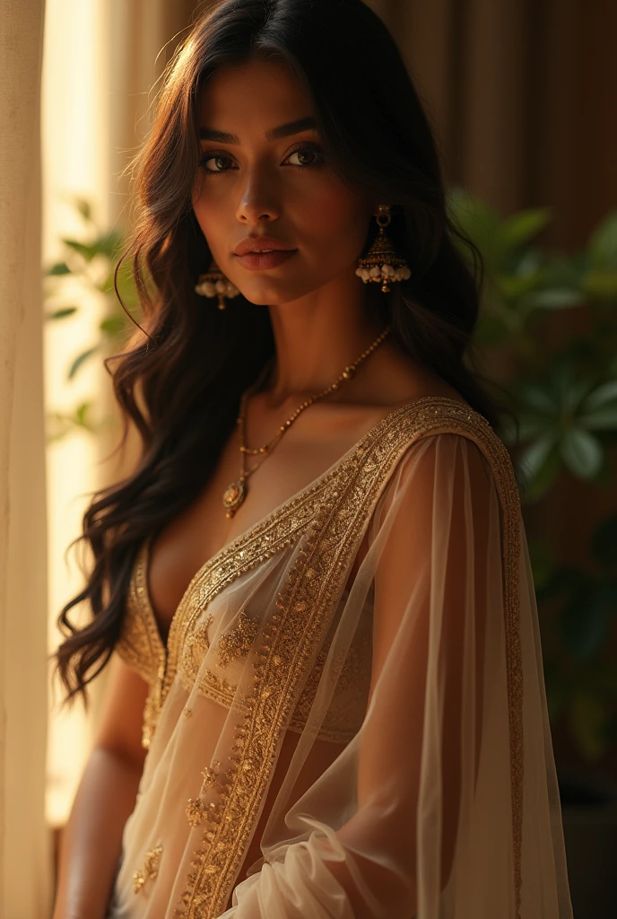 ((best quality)), ((masterpiece)), (detailed), Beautiful indian woman, thin saree,deep clevage,curvy