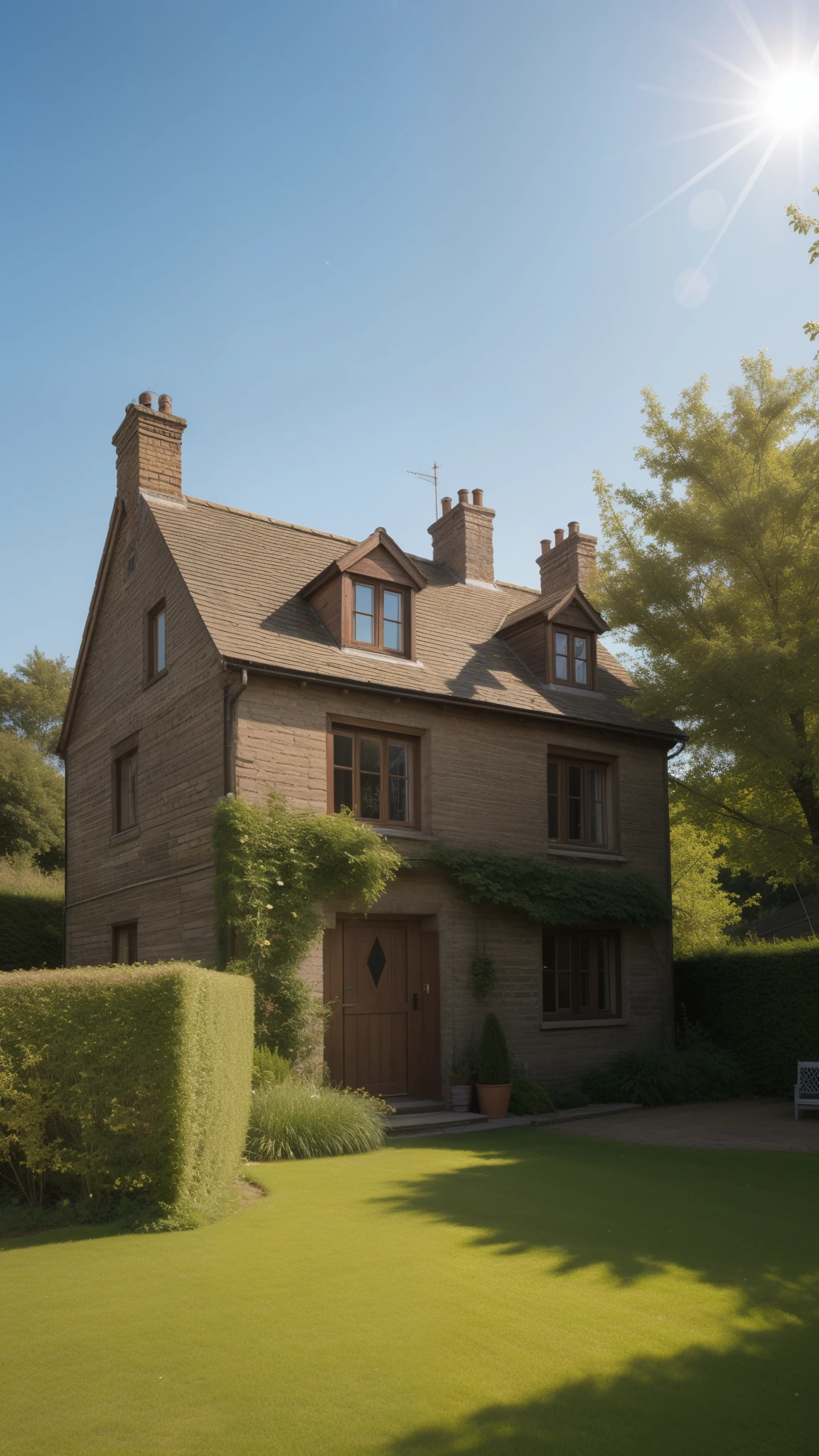 A decent sized wooden old house on top of a green tall hill, bright sun in the background, bring blue sky, small garden beside the house, chimney, window. Show hill
