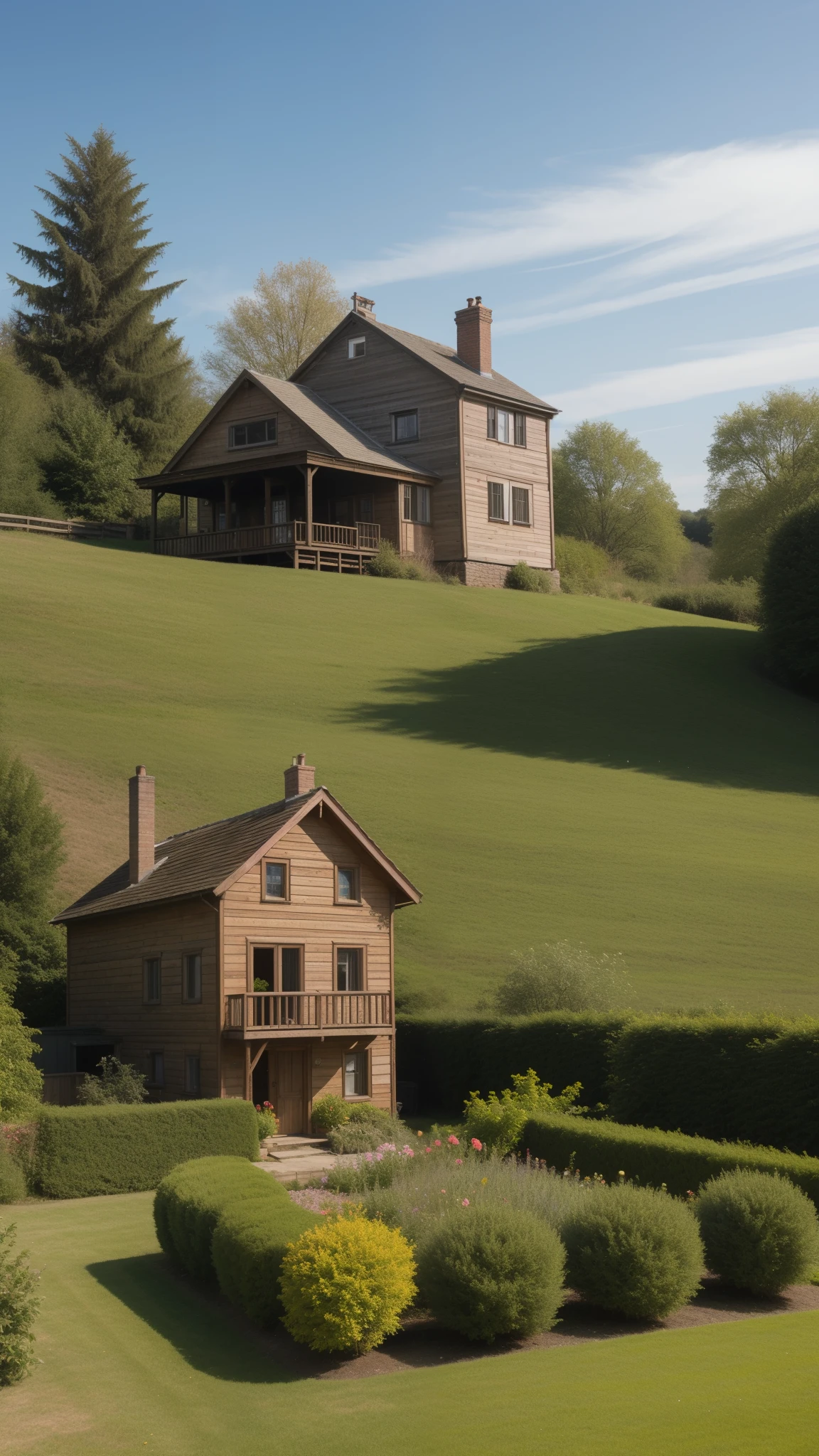 A decent sized wooden old house on top of a green tall hill, bright sun in the background, bring blue sky, small garden beside the house, chimney, window. Show hill
