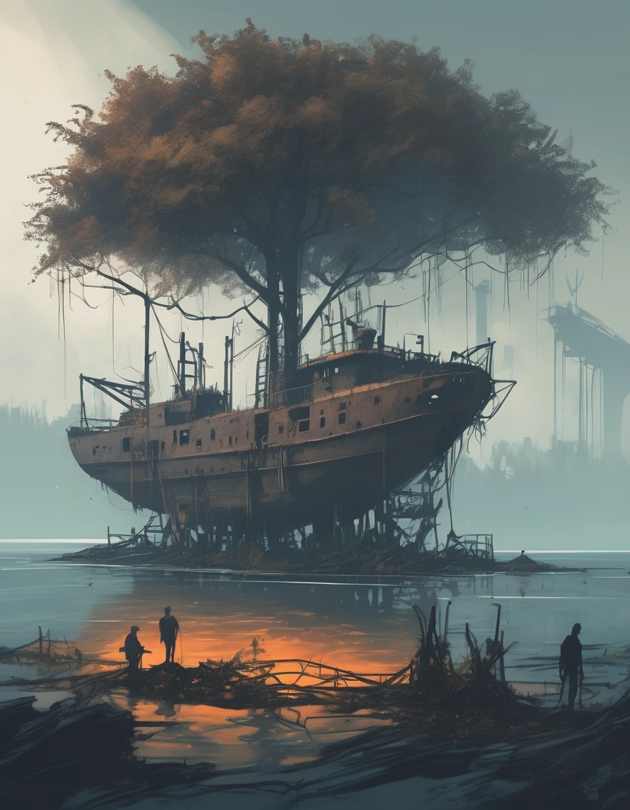 sketch, A Stunningly Beautiful Dystopian Dockyard, Covered in vines and moss, A herd of deer wanders among a rusting shipwreck, Surrounded by intricate trees，The leaves glow, In the style of Jakub Rozarsky and Alex Andreyev, A blend of dark and moody colors, Industrial elements, And the mystery of post-apocalypse
 