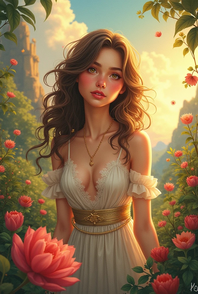 An 21-year-old elf girl with very, very medium breasts in a short dress, with cleavage,pastel color tones,soft lighting,medium:oil painting,ultra-detailed,realistic,beautiful detailed eyes,beautiful detailed lips,youthful and innocent appearance,curly brown hair,holding a bouquet of blooming flowers in her hands, in the forest, sun ray piercing through the trees