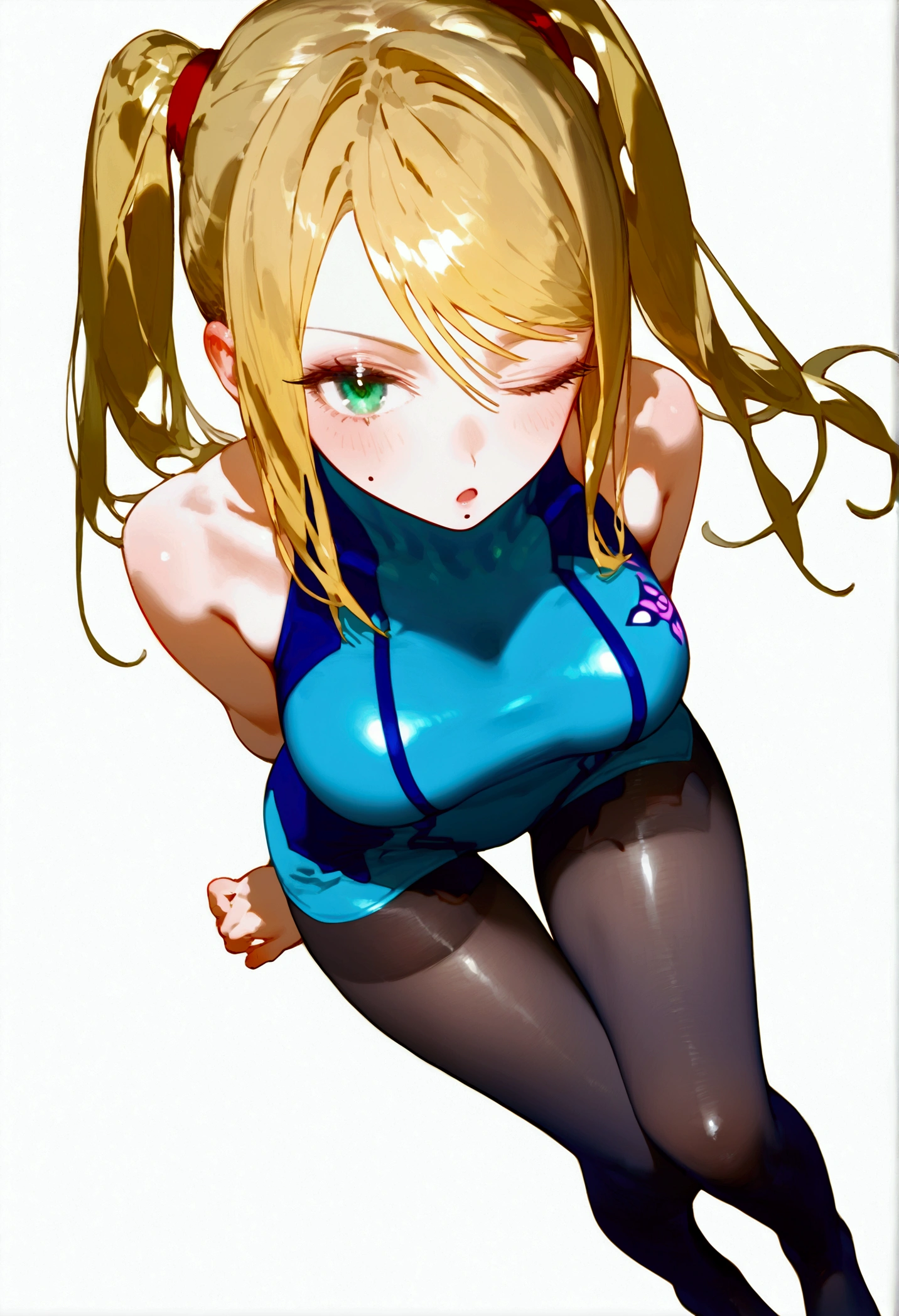 score_8_up. score_7_up, eatsleep1111, white background, 
1girl, solo, pantyhose, blonde hair, samus aran, one eye closed, breasts, long hair, looking at viewer, white background, simple background, green eyes, mole, arms behind back, black pantyhose, zero suit, sitting, twintails, bare shoulders, from above, full body, blush, thighband pantyhose, large breasts, sleeveless, leaning forward, mole under mouth, open mouth, no shoes, thigh gap, swept bangs