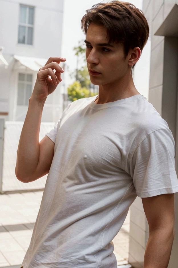 a teenage boy wearing a white shirt with a small mole at the corner of his sharp eye, was kissing a cute man who was shorter than him. His hand get into the cute guy's shirt and grope him. the cute guy looks horny. they are both men 