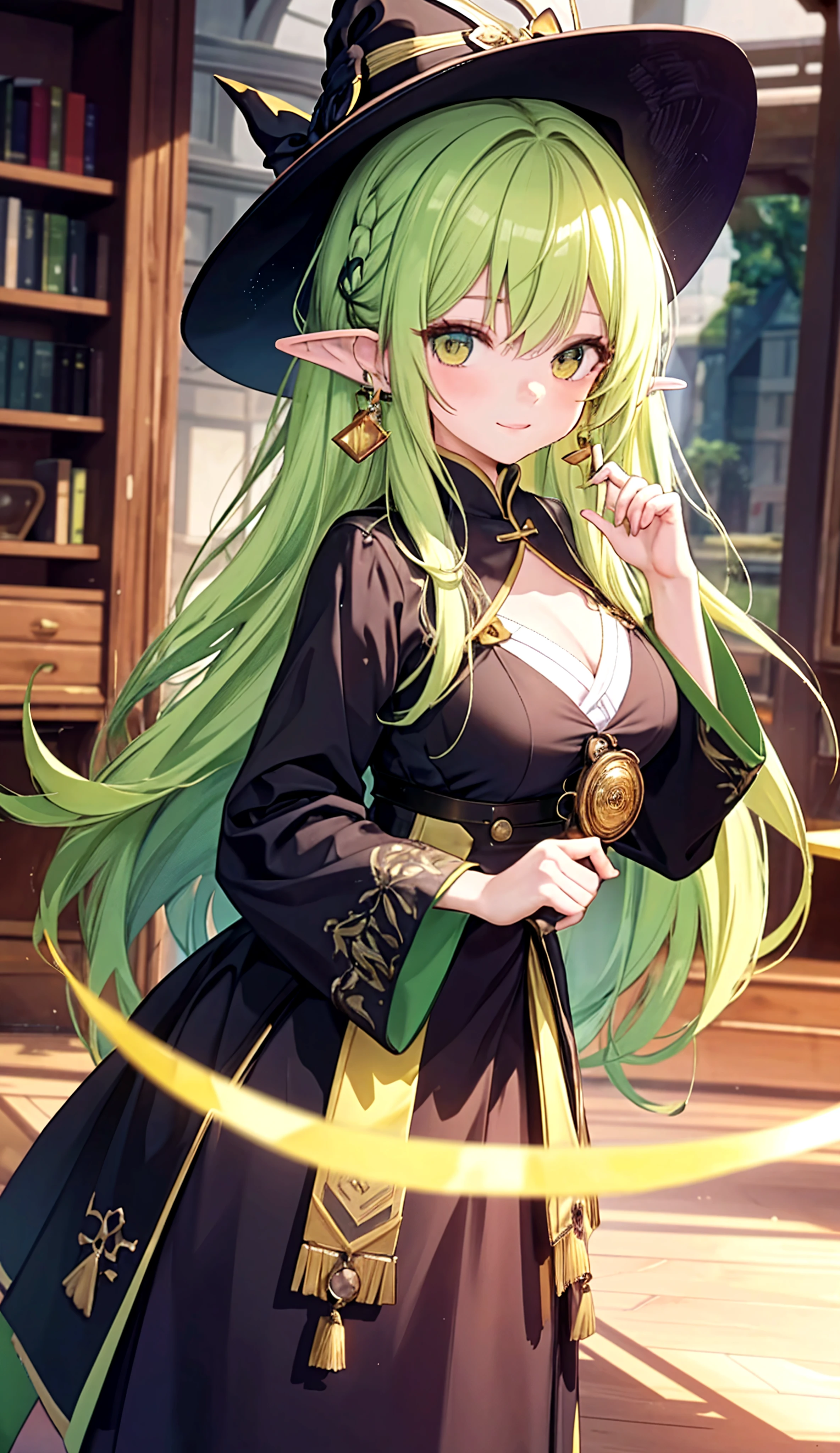 1girl, ((masterpiece)), best quality, perfect face, (perfect anatomy), extremely detailed, elf girl, pointy ears, green eyes, clock hair, medium hair, sun hat, huge breasts, pajamas, cleavage, staff, mask on head, stone house, looking away