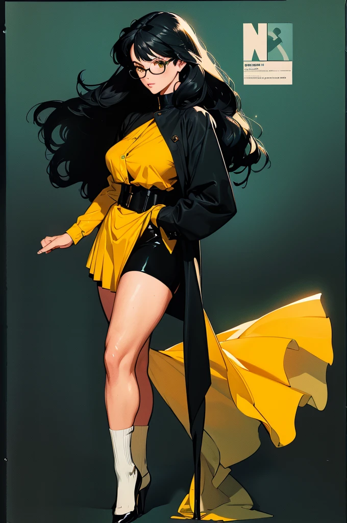 (best lighting), (best quality, masterpiece:1.2), (character sheet same character), illustration by hajime sorayama, perfect body, hyperfeminine curves, woman, (((very long black hair))), yellow eyes, glasses, curvy, high fashion, short socks, skirt, elegant, solo