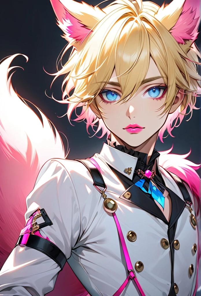 Adult Male, with blond hair, with short hair, with light blue eye, he is wearing a alternative outfit, with fox ears, with a fox tail, he is flat chested like a man, he has pretty pink lips, he has pericings, he is wearing pink eyeshadow.