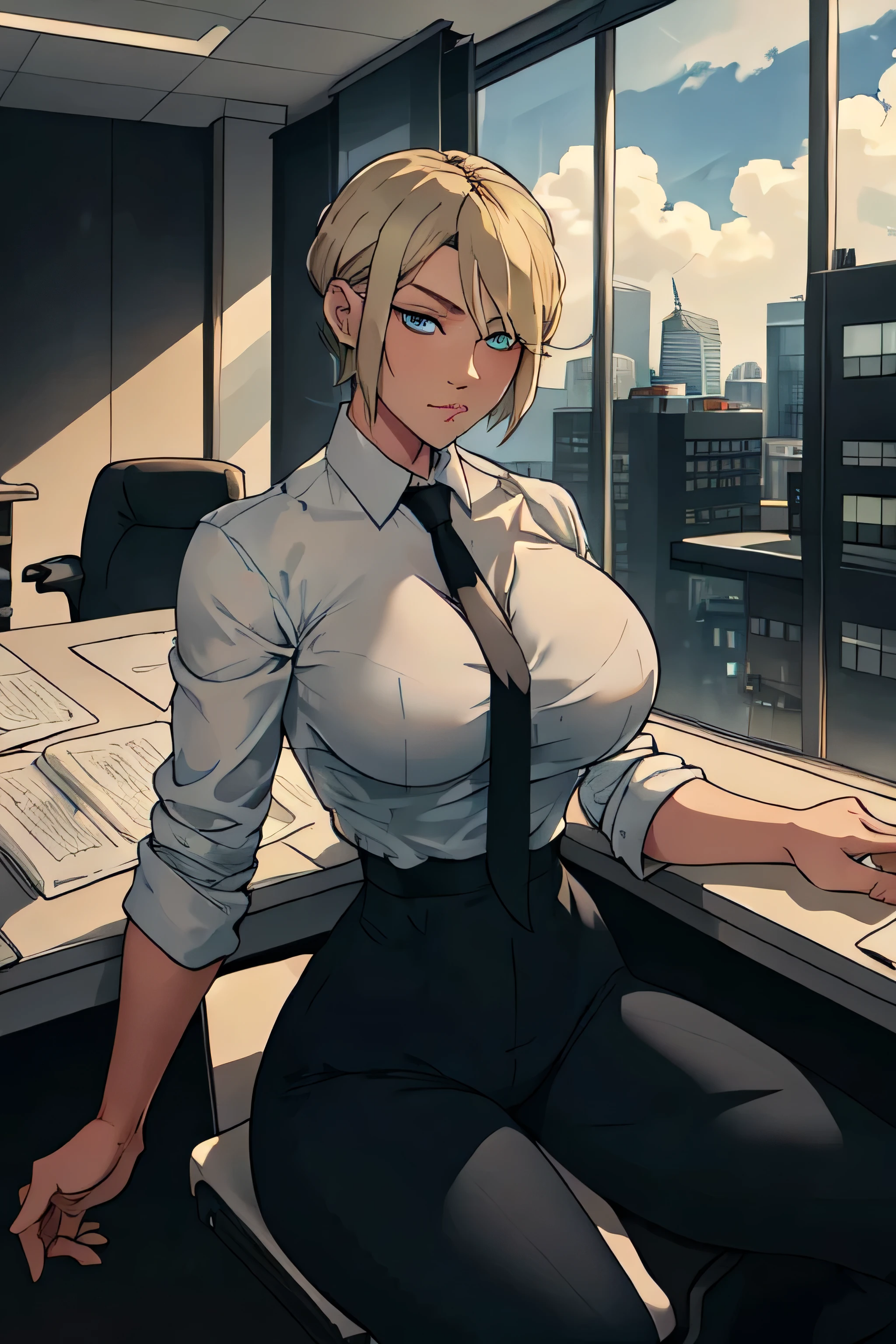 Girl with short blonde hair, blue eyes, wearing A white dress shirt, breasts, with a black tie, defined body, wearing black dress pants Wearing black pants, defined waist, hips, collared shirt, Sitting in a chair, office with large glass windows, using a mechanical arm 