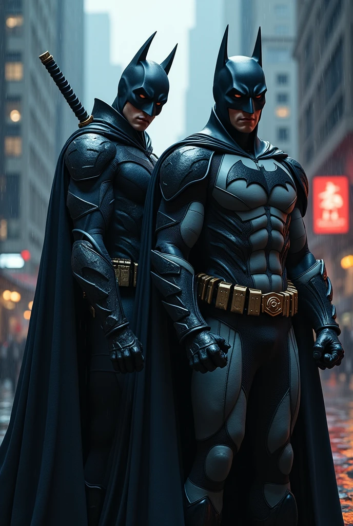 Create an image with a fisheye lens effect, Batman action figure with cape and gloves on a background filled with buildings and fog, The Batman, Batman, Batman with guns, Mecha Batman, cyberpunk Batman, From the movie Batman, inspired by Jim Lee, painted action figure, Portrait of Batman, collectible action figure, hyper detailed full body shot, high detail iconic character, dark knight, full figure, full detailed body, batman arkham asylum, burning buildings and crashed cars