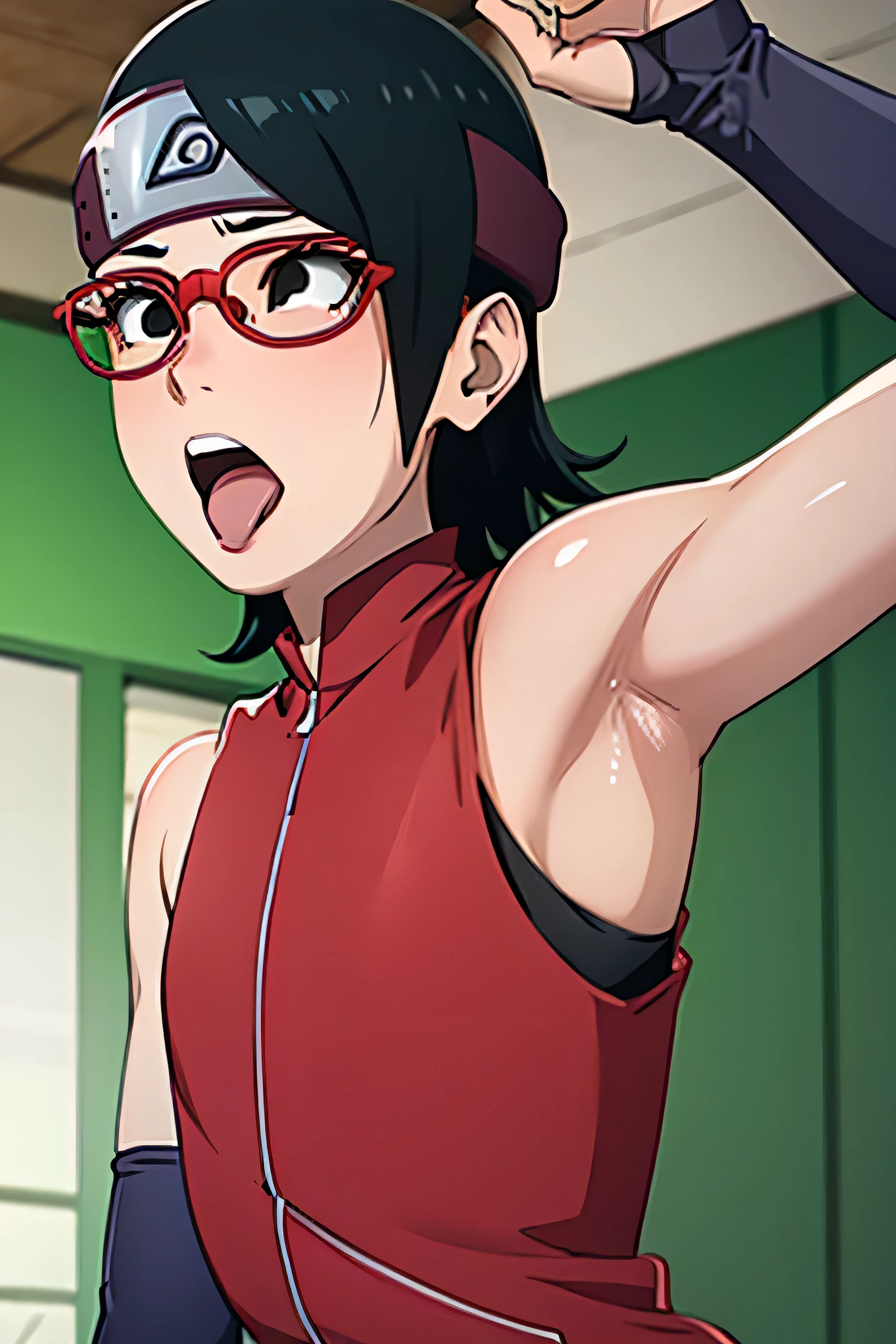 anime screencap, sarada uchiha, sarada, 1girl,solo, wavy black hair, wavy short hair, wavy hair, wavy hairstyle, black eyes,small breasts,armpits,wet armpits, showing wet armpits, armpit,armpits,sweat,sweaty,sweaty armpits,awesome armpits,tired,exhausted,arms up,red rimmed glasses,blackish arm warmers