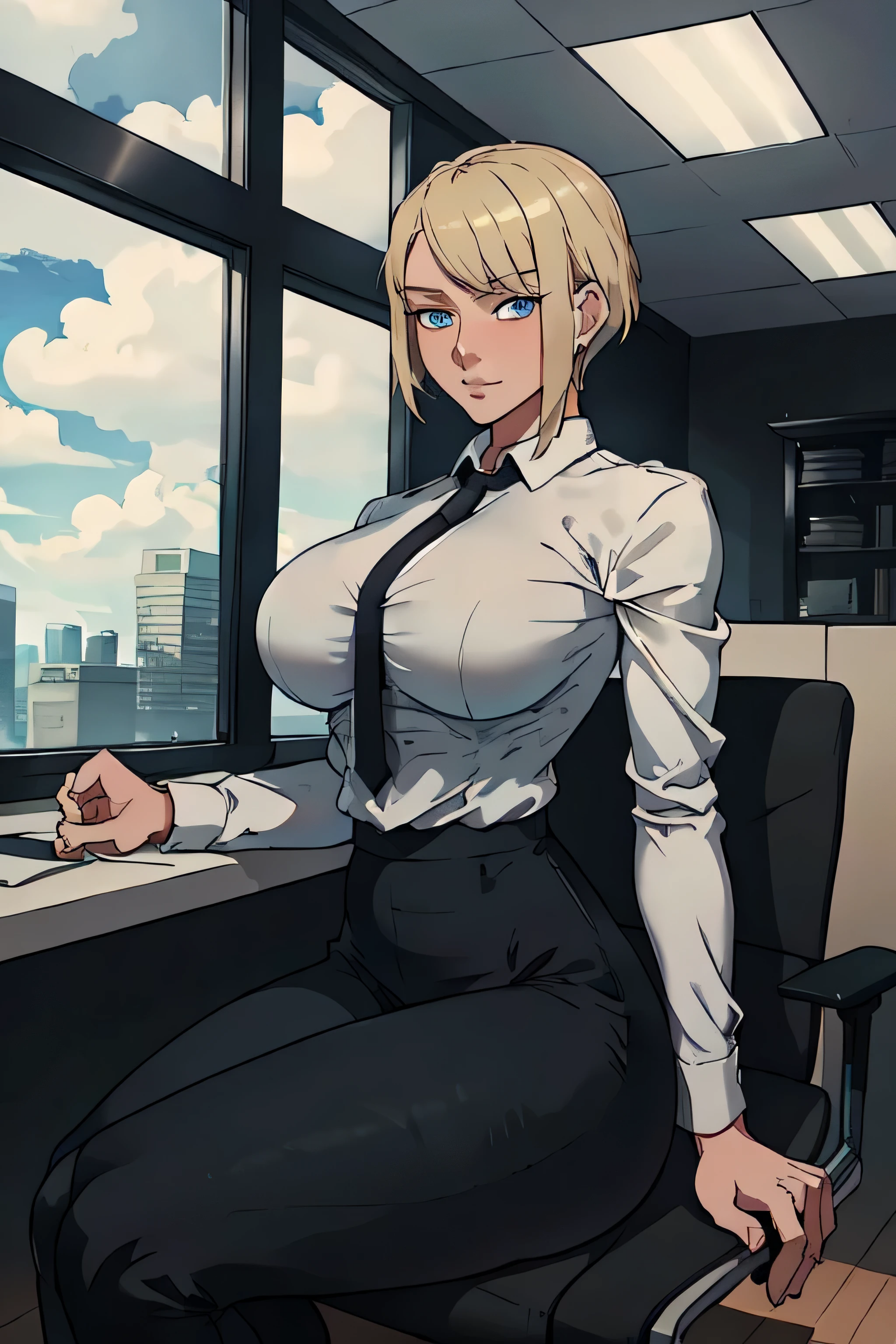 Girl with short blonde hair, blue eyes, wearing A white dress shirt, breasts, with a black tie, defined body, wearing black dress pants Wearing black pants, defined waist, hips, collared shirt, Sitting in a chair, office with large glass windows, using a mechanical arm 