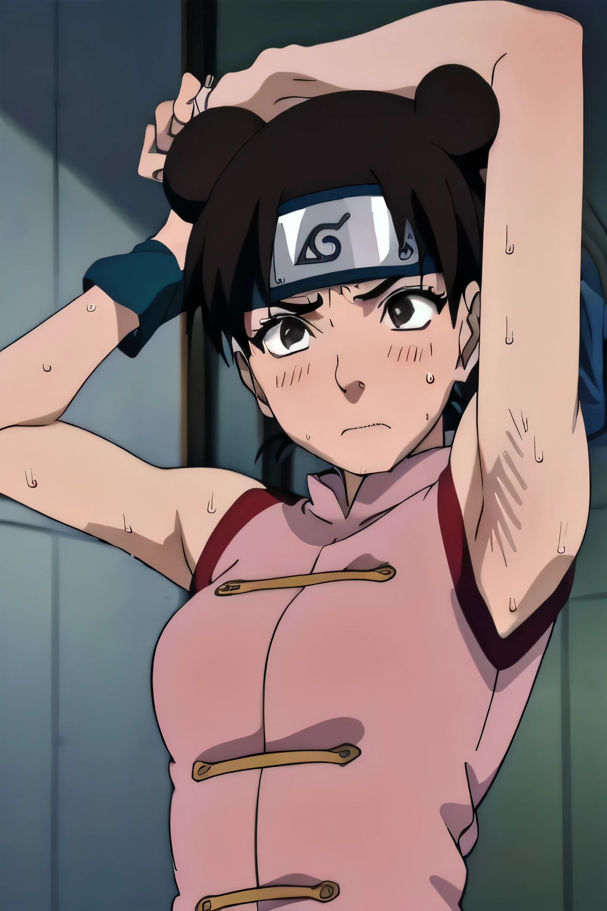 Tenten,solo,armpits,wet armpits, showing wet armpits, armpit,armpits,sweat,sweaty,sweaty armpits,awesome armpits,tired,exhausted,arms up,arm warmers,sleeveless, moderately sized breasts