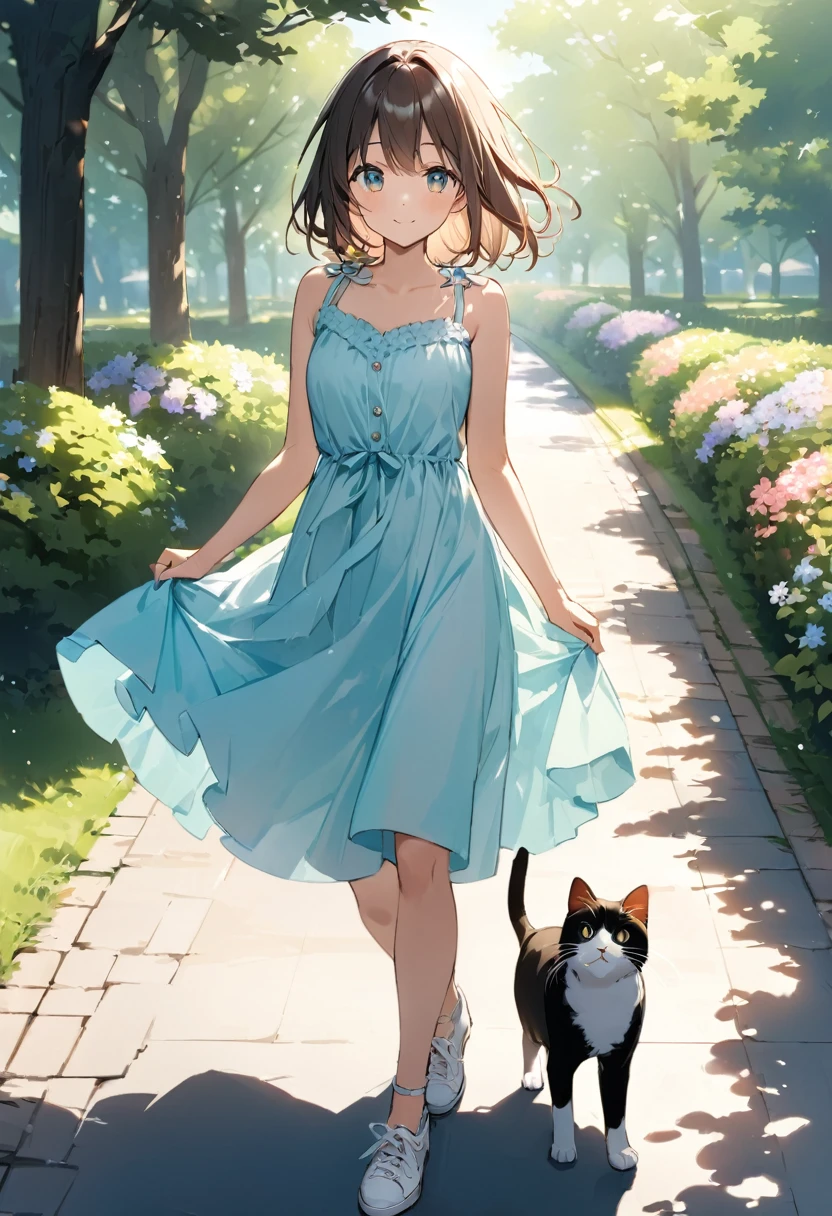 ((Best Quality))、((masterpiece))、(detailed)、8k、Morning walk in the park
「Calm morning landscape。A young woman is walking in a sunny park。She is wearing a light summer dress、I have a coffee cup。A small cat is walking next to her.。The woman has a relaxed and cheerful expression.、tree々The sunlight filtering through the gaps casts soft shadows on the road.。Cats are curious and、I&#39;m looking around、They have soft fur and a playful attitude.。In the background、Flowers bloom along the park benches、Some birds are flying in the sky。The colors are warm and soft、It captures a peaceful and relaxed morning.。」。、Conceptual Art、jpeg artifacts、First Person View、Close-up Cat、Ultra-high resolution、Anatomically correct、Attention to detail、超detailed