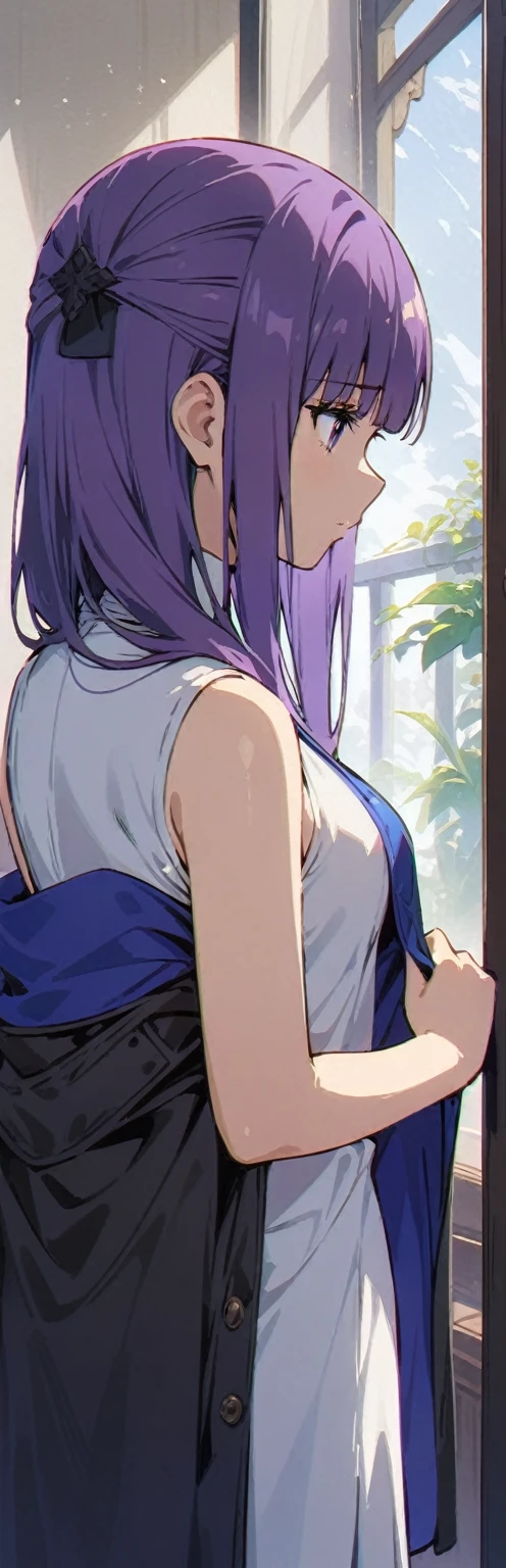 (work of art, best quality:1.2), 1 , Alone,Standing_to divide, 
fern \(Sousou without freezing\), Sleeveless clothing,sleeveless shirt, Unzip the jacket,  detail_face， eyelash， bright purple hair