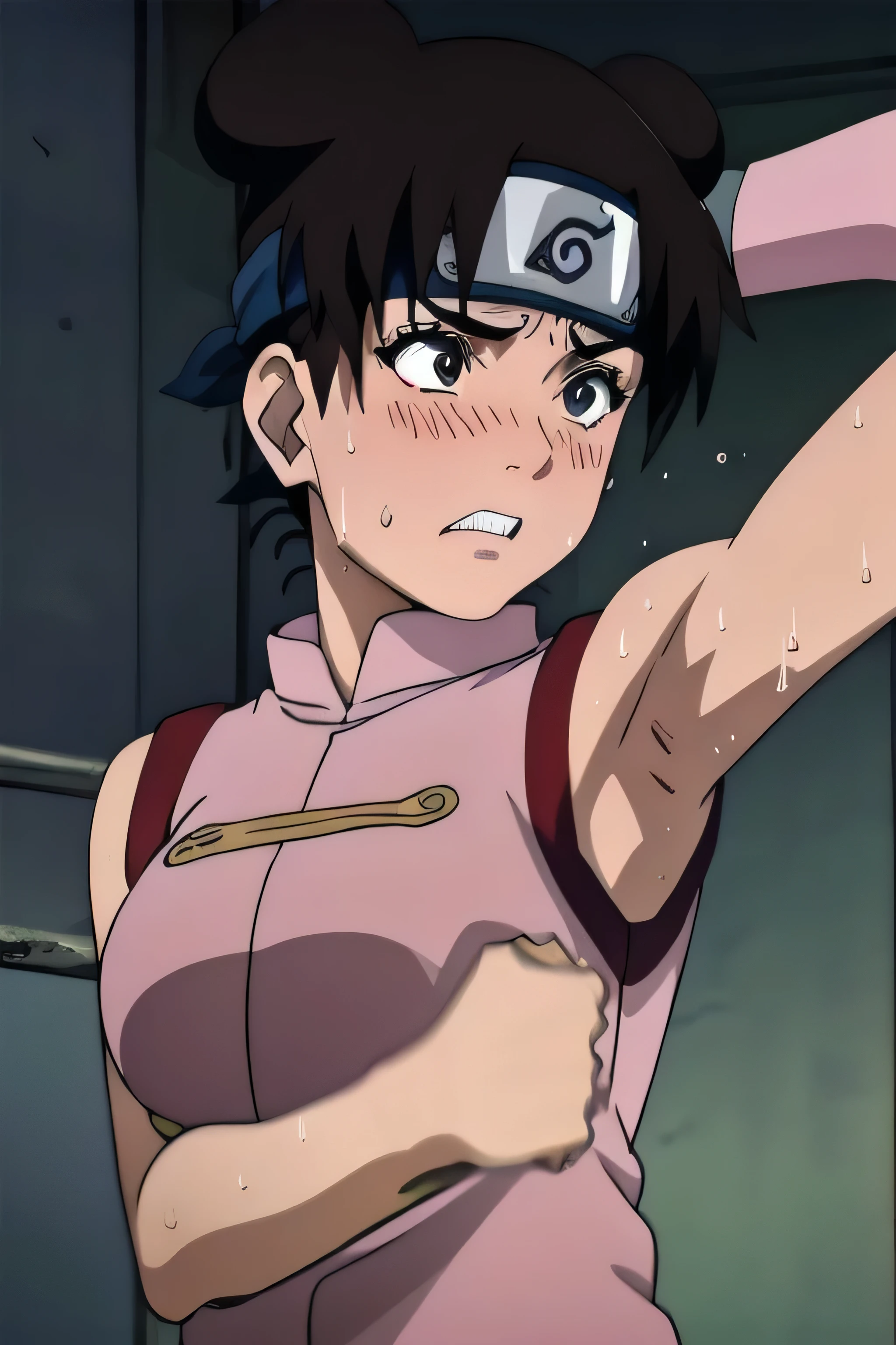 Tenten,solo,armpits,wet armpits, showing wet armpits, armpit,armpits,sweat,sweaty,sweaty armpits,awesome armpits,tired,exhausted,arms up,arm warmers,sleeveless, moderately sized breasts