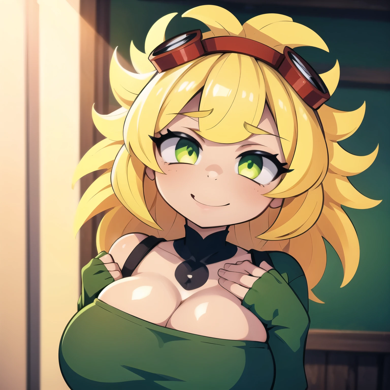 beautiful woman with big breasts, long yellow hair, nude, wide smile, hand on chest, tongue out, heavy breathing, detailed hyperrealistic face, intricate facial features, ultra detailed skin, incredibly detailed hair, dark and green clothes, photorealistic, 8k, best quality, masterpiece, high resolution, cinematic lighting, dramatic atmosphere, hyper detailed