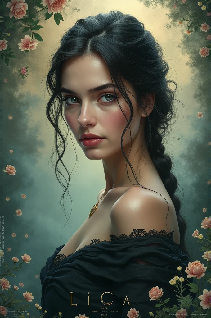 Charlie Bowater realistic Lithography sketch portrait of a woman, flowers, [gears], pipes, dieselpunk, multi-colored ribbons, old paper texture, highly detailed, peaceful and beautiful, final fantasy XV