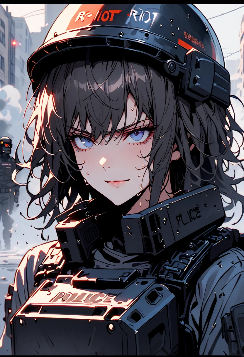 female, cyborg, police, water cannon truck, serious, bulky black riot armor, close up, short black hair, blue eyes, riot shield, riot helmet, police girl, smoke in background, messy hair, broad shoulders, after battle, tired smile, resting, sweaty, worse for wear