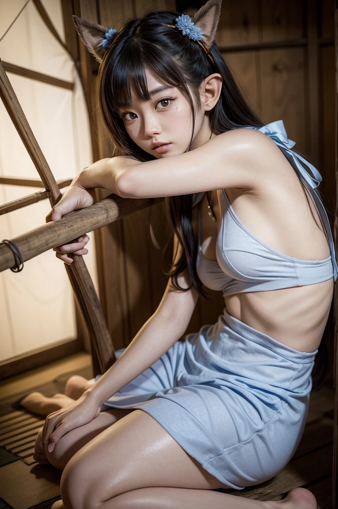 8k, Highest quality, Realistic, masterpiece, beautiful, insanely detailed, Absurd, Japanese women, Age 27, (Medium build), Light brown hair, Shiny Hair, Straight Hair, Delicate hair, Model body type, (((Hands should be put around the back, shibari, Tied tightly with a rope))), Wear a red short-sleeved blouse, Wear a navy blue skirt, Japanese Room , Sitting upright on the tatami , Viewer view from the front, Anatomically correct body, whole body,