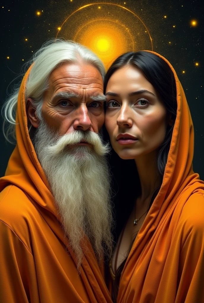 Indian Hindu girl wearing orange colour silky blouse, with big breast, waist showing, sitting in lap of old muslim men with beard in green clothes and religious white cap, man looking at her lustfully and her face expression sad and fear , she looking at camera