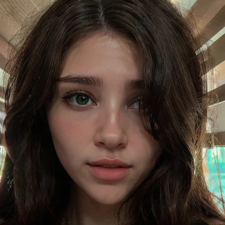 masterpiece, HDR, 4K, 8k, masterpiece, best quality, 1girl, masterpiece, best quality, 1girl, thin face, brown hair, detailed face + green eyes, mouth closed, looking at the viewer, Long hair, Bottom: Surabaya, Alone, Perfect Body