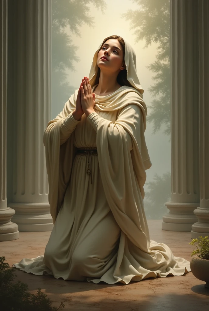 Veiled woman praying to Venus in the light、Light shining from the sky、High resolution, Long Hair, masterpiece, Anatomically correct, Winner of numerous awards, 最高quality, 高いdetail, detail, quality, 高quality, Ultra high definition, goddess、Worship of the symbol of beauty、Offer a prayer、
