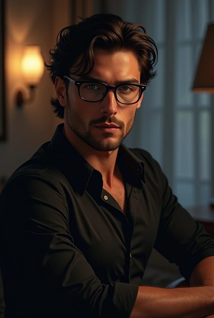 In a dark, moody room with dim lighting, a well-built, large man with a lightly tanned complexion and a slightly rounder face is seated. He has short, very curly dark hair, well-cut and shorter on the sides, and wears glasses with rectangular frames. His facial expression is intricate and captivating, with a well-groomed beard and captivating eyes. He is dressed in a suit without a tie, his shirt buttoned to the neck, and he sports a gold watch. The man is seated on a leather couch with a glossy texture. The image should be photorealistic, with vibrant colors, high-resolution quality, and dramatic shadows and highlights, adding a hint of mystery to the atmosphere. The overall composition should be tasteful and artistic, capturing the mood and setting without explicit content.