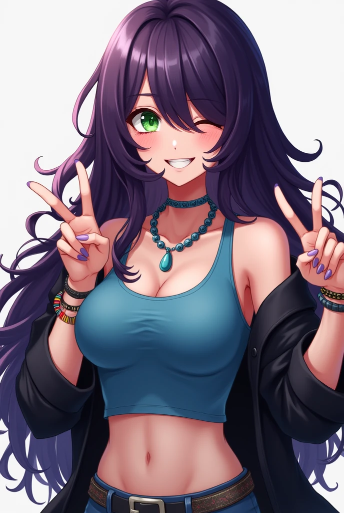 Masterpiece, best quality, nozomi tojo,cowboy shot,solo ,green eyes,wink, smile, open mouth, tongue out,low twintails,big breasts, purple hair, solo, gothic make up ,crop top,strap slip, denim shorts, choker, (graffiti:1.5), paint splatter, arm behind back, middle finger,against wall, armband, thigh strap, paint on body, head tilt, headset, fishnet pantyhose,love live style