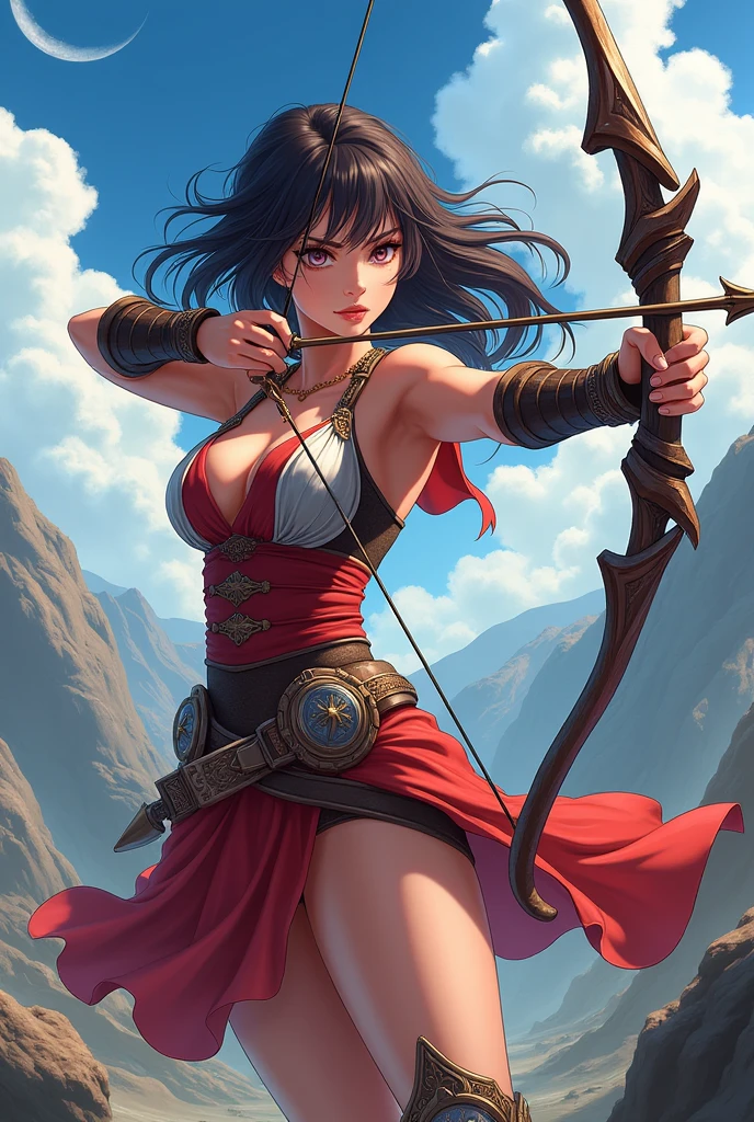 Create a anime style landscape image. Vertical, full-body image of a woman standing on a rocky outcrop at sunset. She is depicted in profile, drawing a bow with an arrow aimed forward. The bow is intricately designed with ornate details. The woman has long, flowing hair tied back in a high ponytail, and she is wearing a two-piece outfit consisting of a bandeau top and a long, flowing skirt with a slit, both in earthy tones. Her skin is a warm, sun-kissed tone, and she has a focused expression. The background features a dramatic sunset with vibrant orange and yellow hues, casting a warm glow over the scene, and a mountainous landscape in the distance.