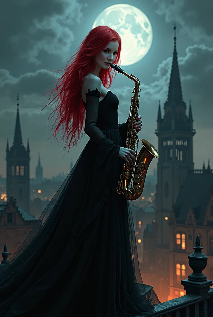 Beautiful grey-skinned vampire girl, named Irina, blond bright red curly hair, With a mysterious look, eyes glow with a yellow otherworldly light. Black gothic dress made of black silk. Saxophone in the hands of Irina. Irina is hiding around the corner of the house, in a big gothic city.
