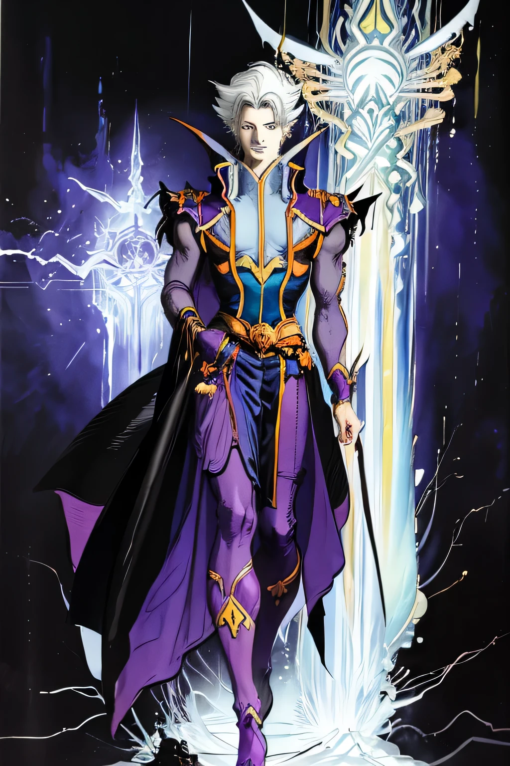 Prince Lotor (Voltron 1984) - tall, lean handsome man with purple skin, long white hair, pointy ears, yellow eyes with snake-like puppils, and selvish and arrogant smile, dresses primarily in blue and black, Yoshitaka Amano character design, masterpiece, best quality, solo, vivid colors, full body, rich background, dark background, intricate details, highly detailed, artistic light, fantasy art, sketch, watercolor, pastel, anime, colorful, expressionism, iridescent 
