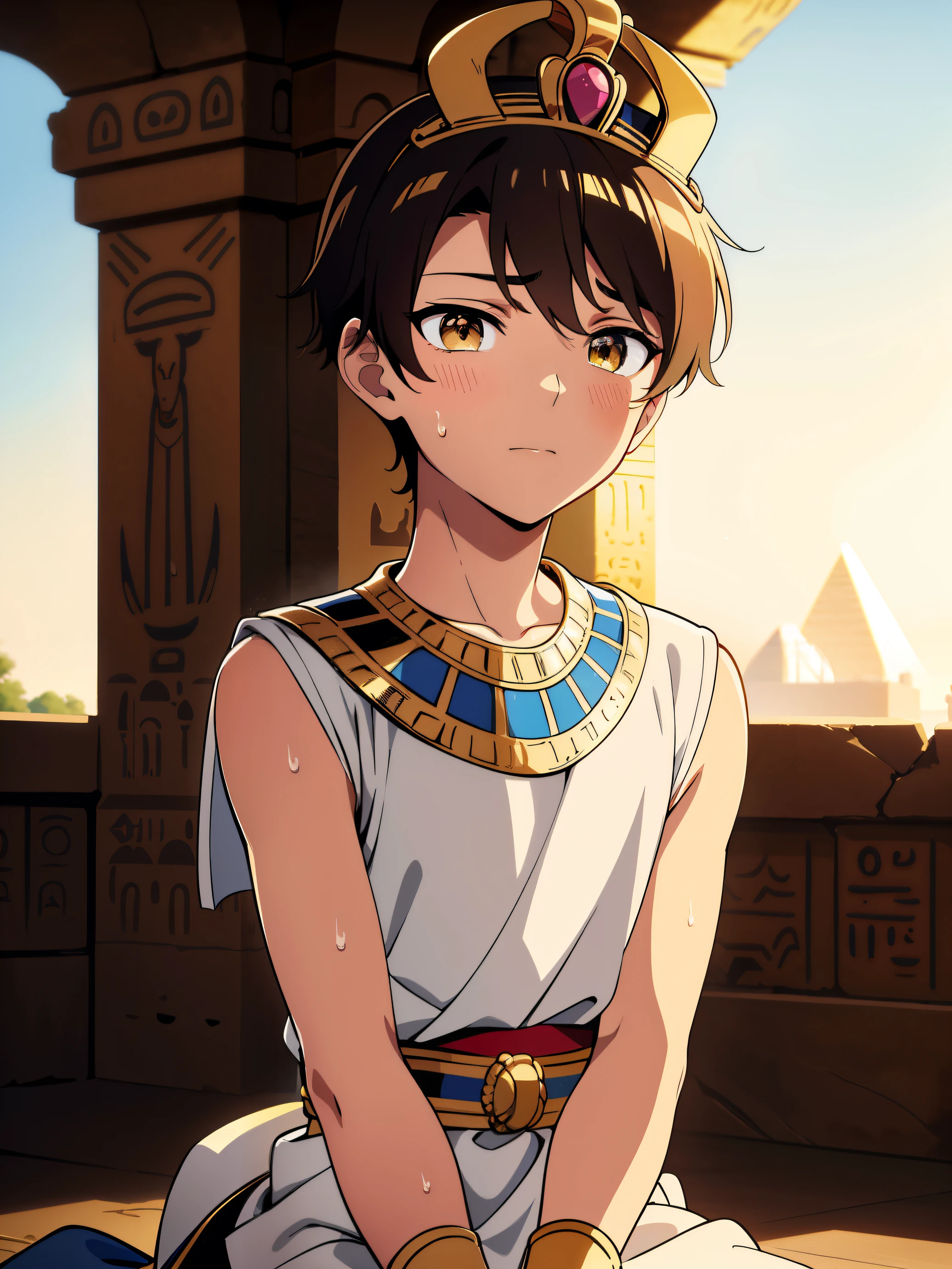 Highres, Masterpiece, Best quality at best,Best Quality,hight quality, hight detailed, Anime style, 1boy, crown, young prince, Give me a picture of a young prince from ancient egypt, Sleeveless shirt, egyptian clothes, Egyptian city ruins, Gold accessories, cuddle, pretty face, Shota, young boy, 15-years-old, handsome, whole body, (very young boy), (very small and short body), simple beckground, cute boy, Uhd, bokeh, sweat